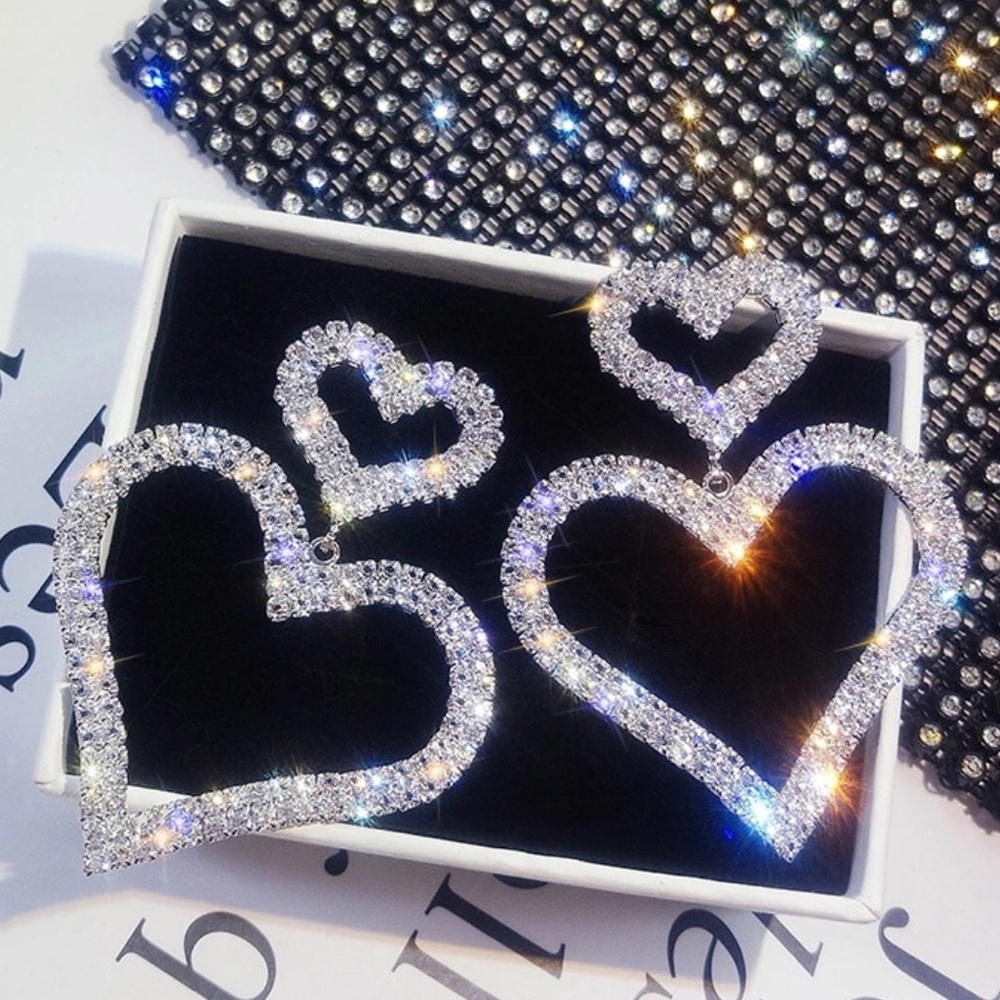 Silver Plated Rhinestones Cystal Stud with Heart Hoop Drop Statement Earring